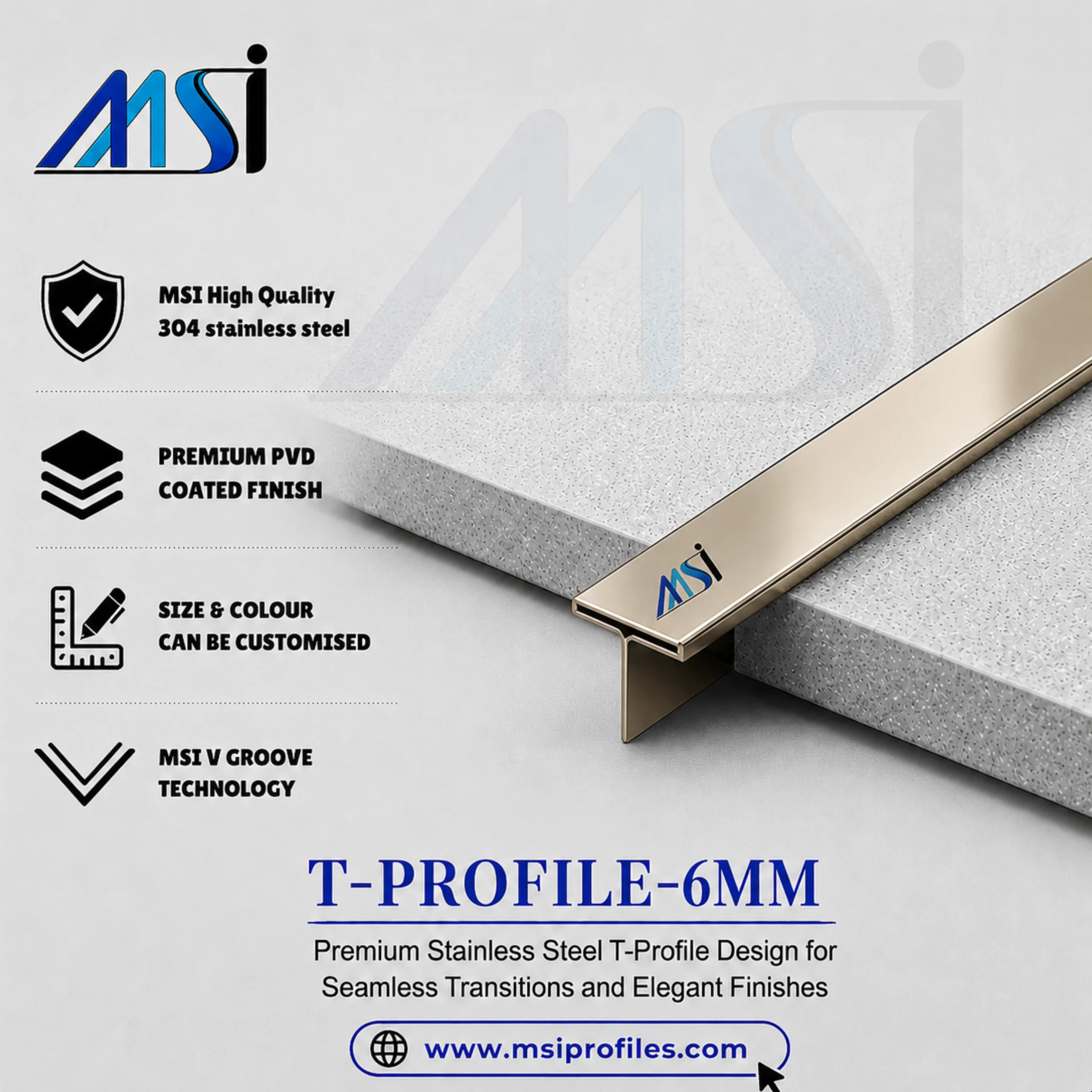 T Profile 6mm Champagne Mirror - Marine Stainless India