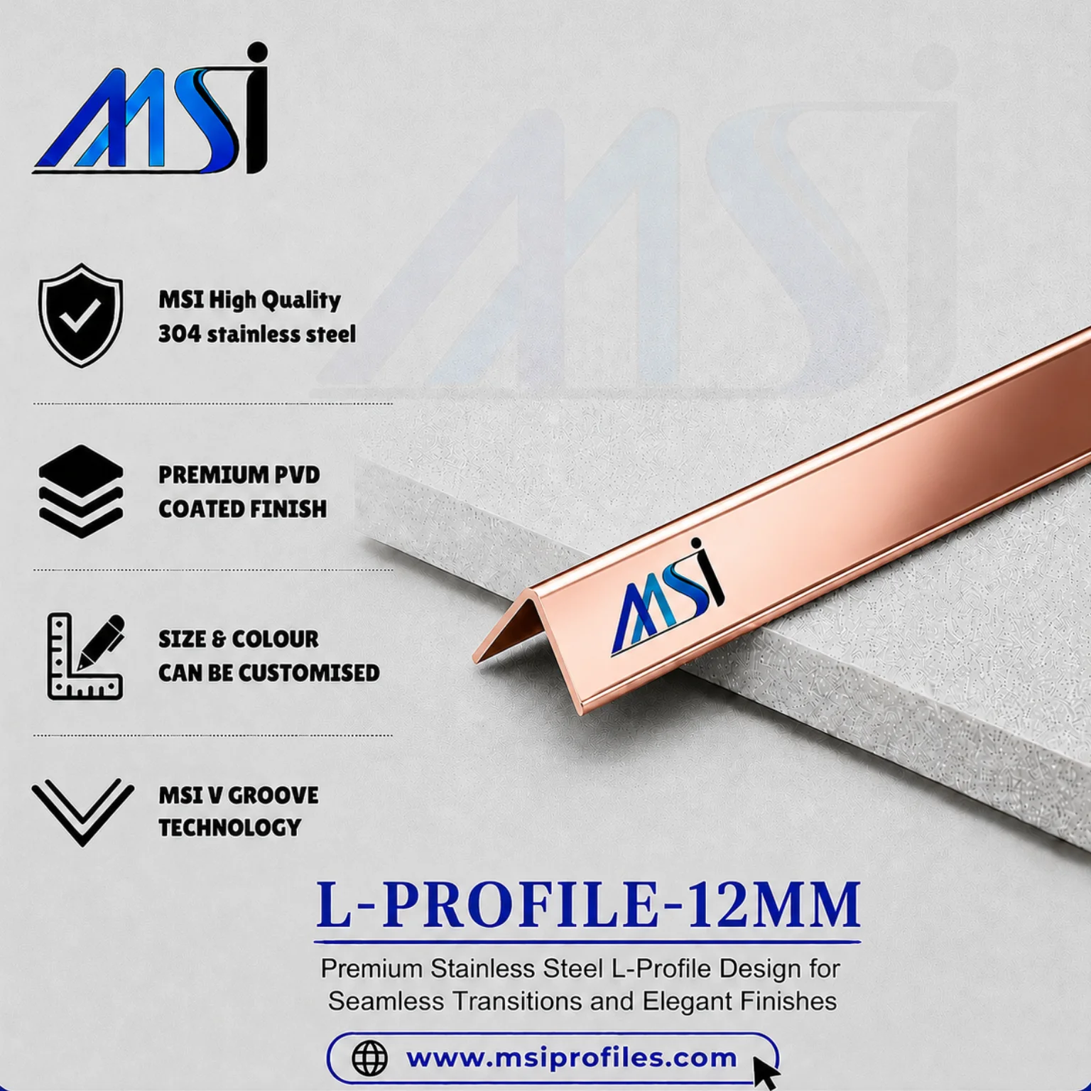 L Profile 12MM Rose Gold Mirror - MSI Profiles