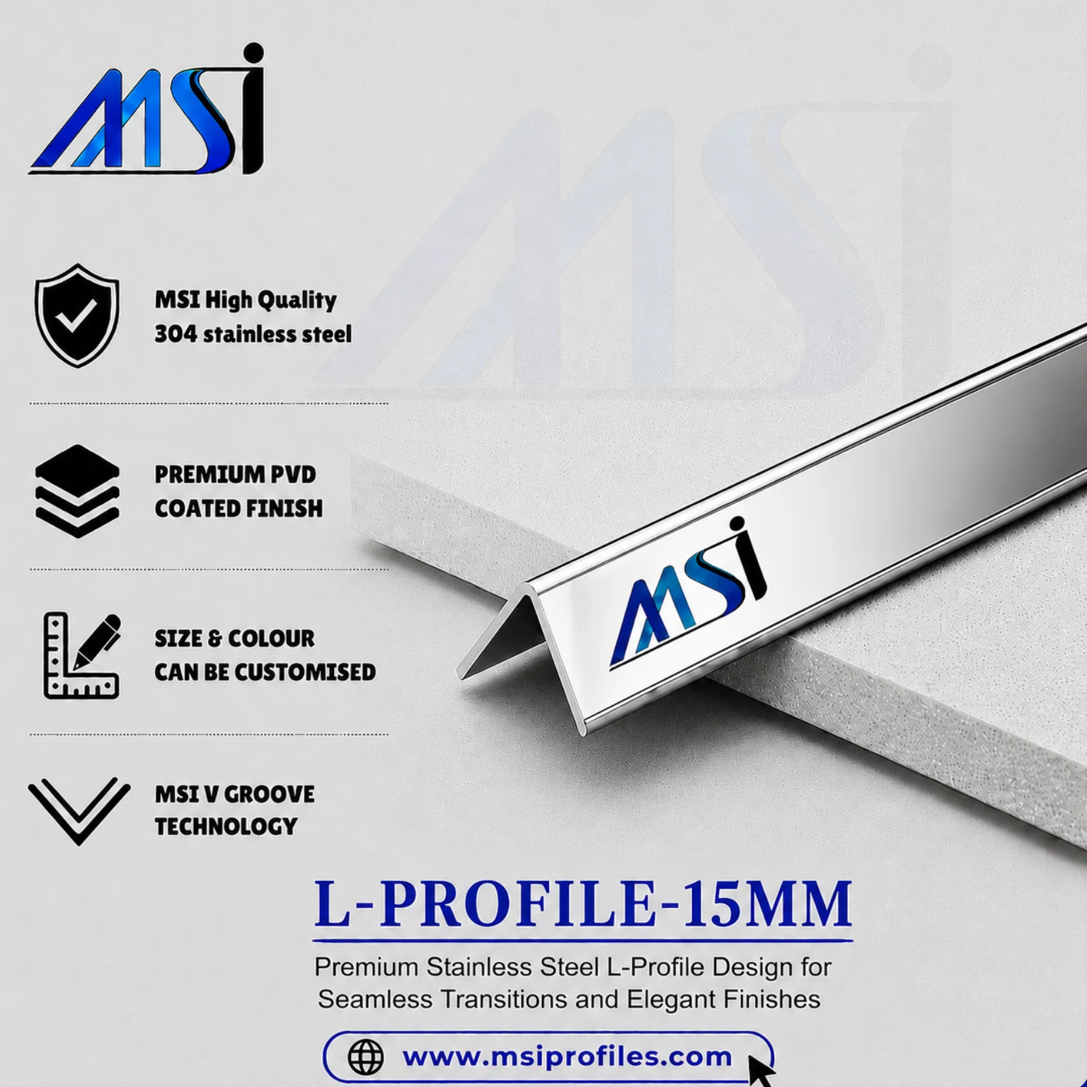 L Profile 15MM Silver Mirror - MSI Profiles