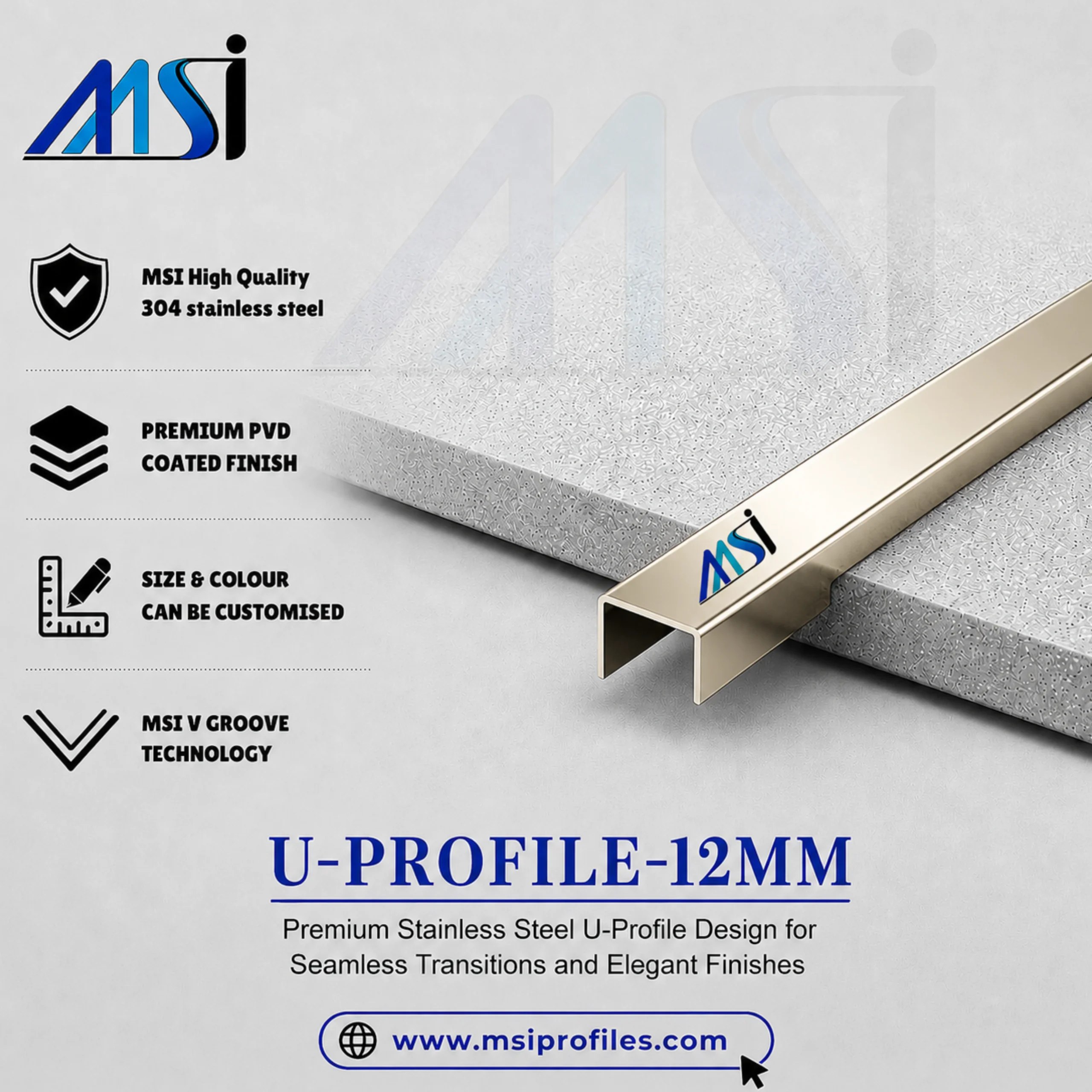 U Profile 12MM Champagne Mirror - MSI Profiles