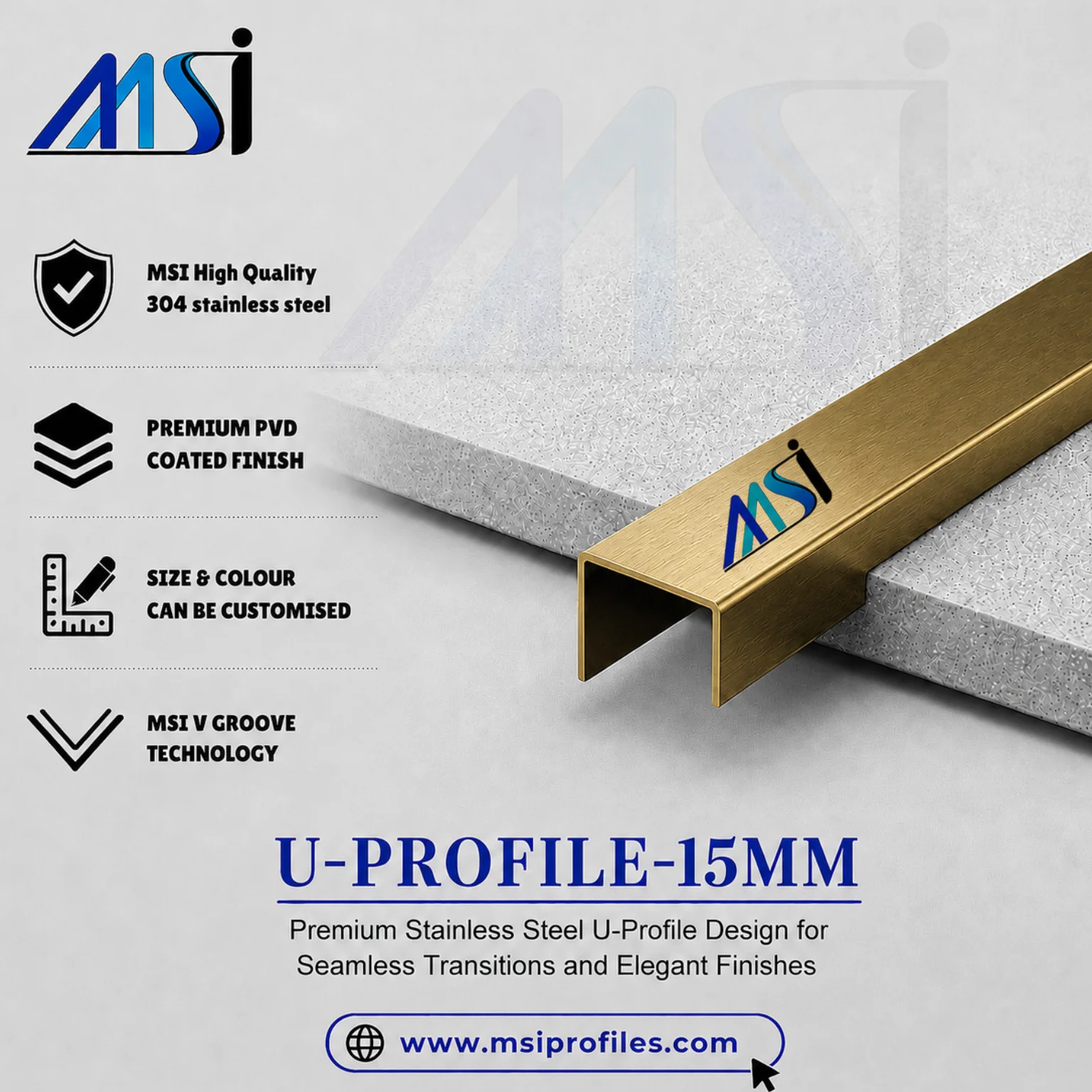 U Profile 15MM Antique Brass Finish - MSI Profiles