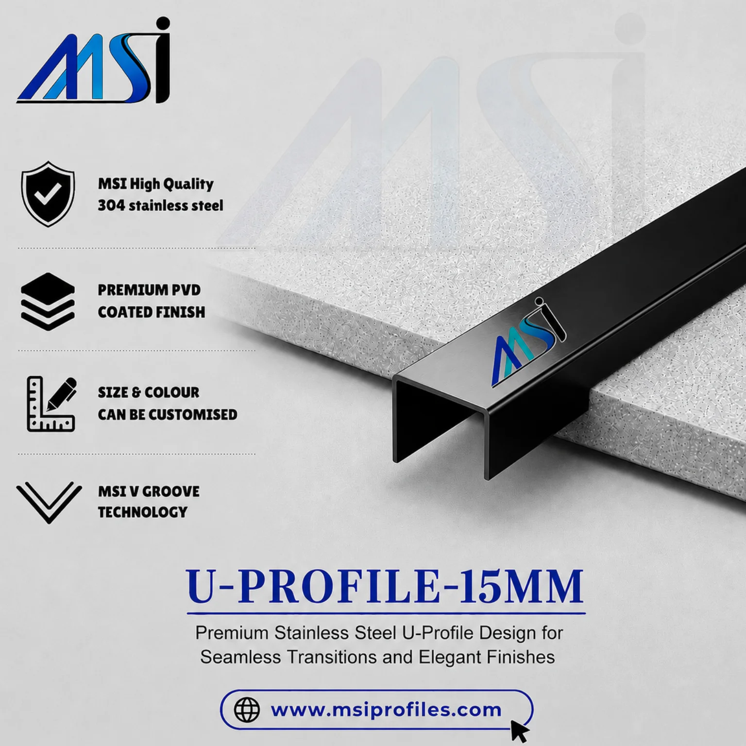 U Profile 15MM Black Mirror - MSI Profiles