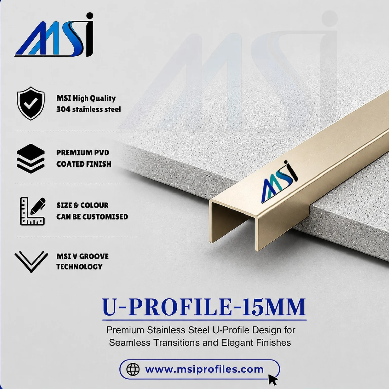 U Profile 15MM Champagne Mirror - MSI Profiles