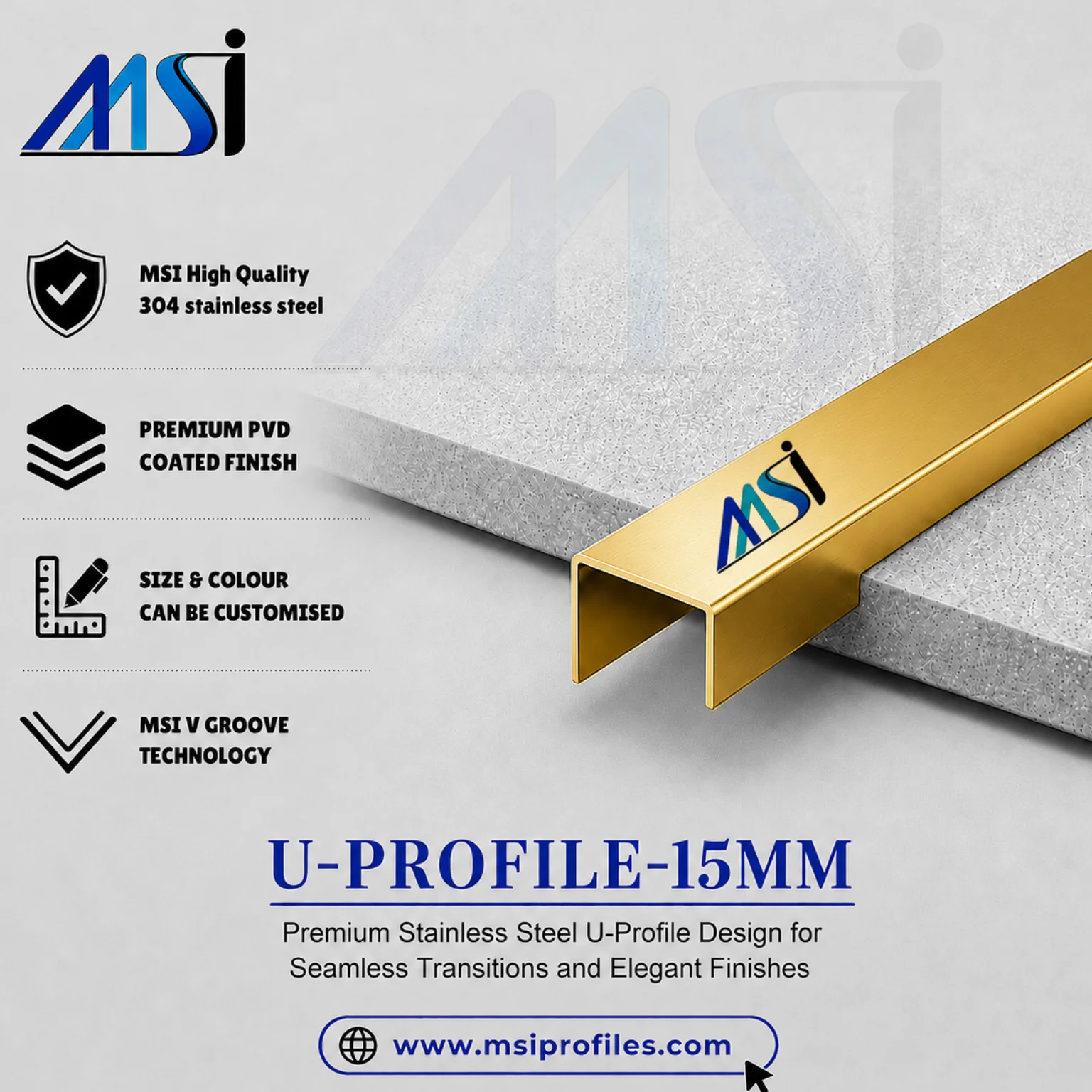 U Profile 15MM Gold Mirror - MSI Profiles