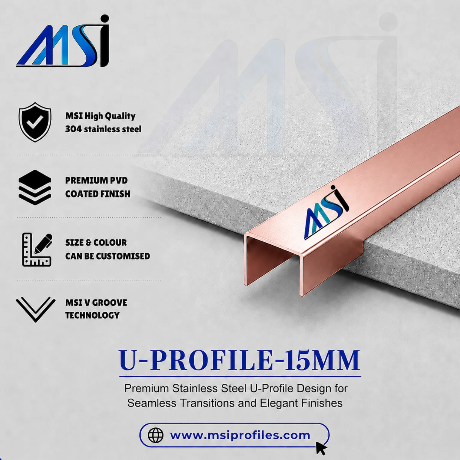 U Profile 15MM Rose Gold Mirror - MSI Profiles