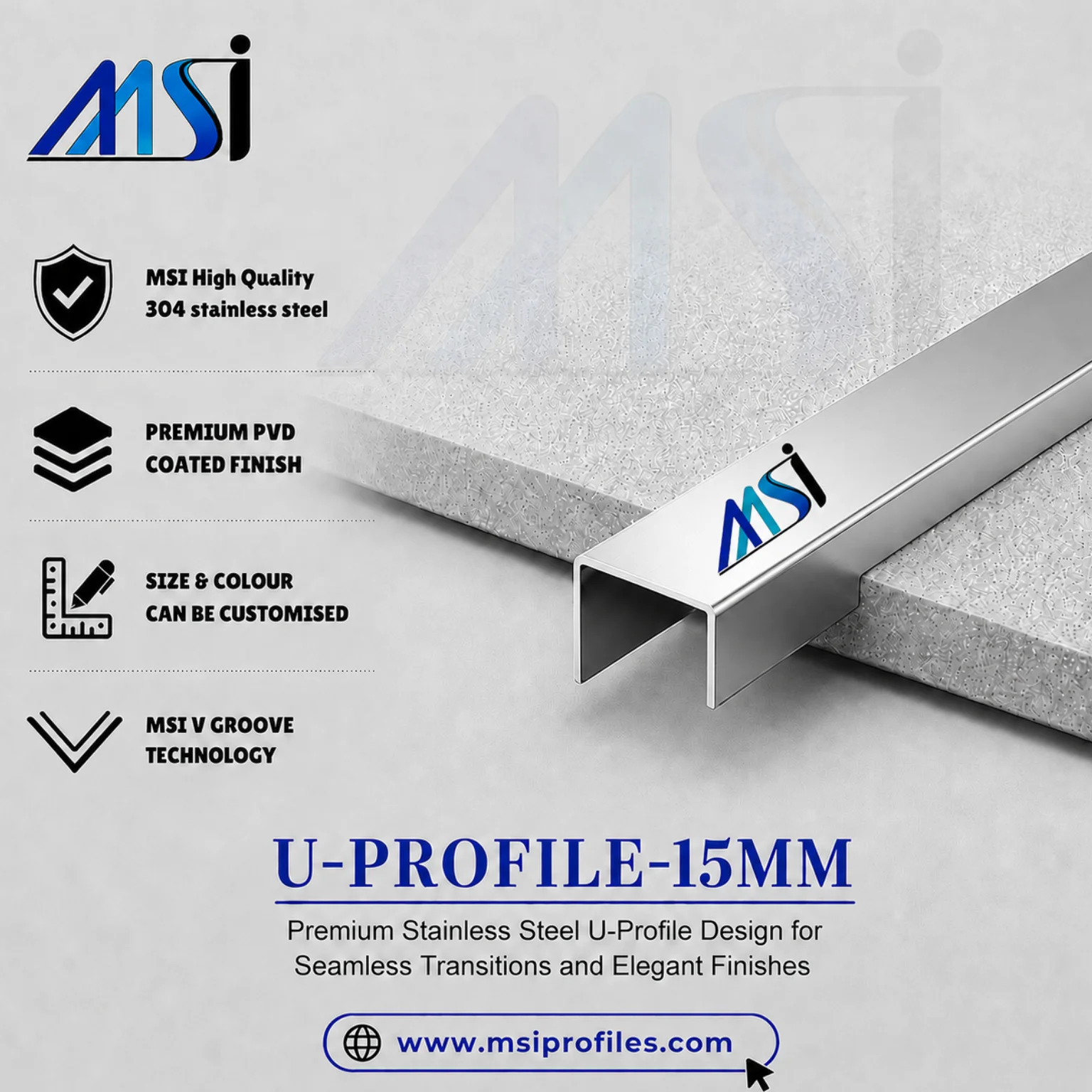 U Profile 15MM Silver Mirror - MSI Profiles