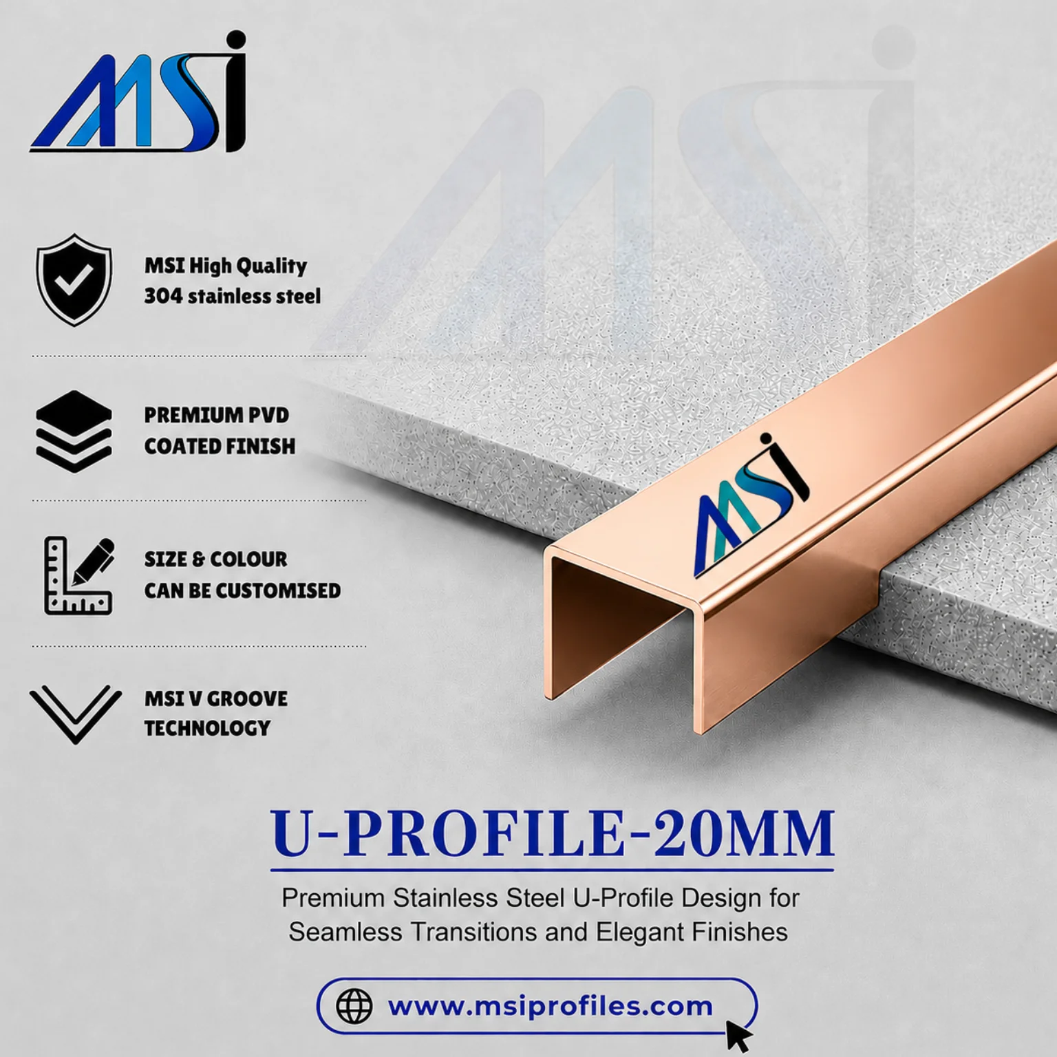 U Profile 20MM Rose Gold Mirror - MSI Profiles
