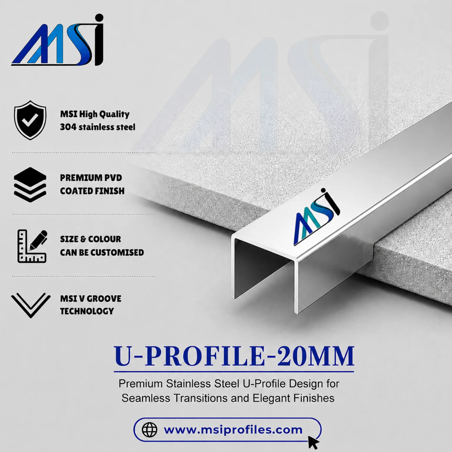 U Profile 20MM Silver Mirror - MSI Profiles