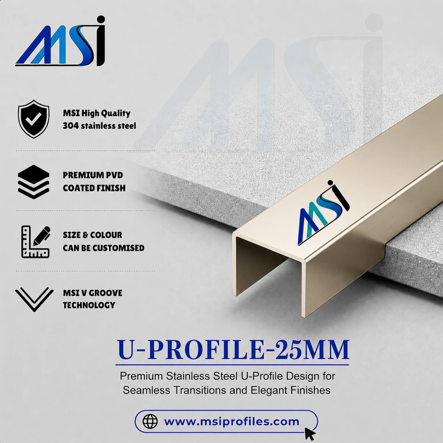 U Profile 25MM Champagne Mirror - MSI Profiles