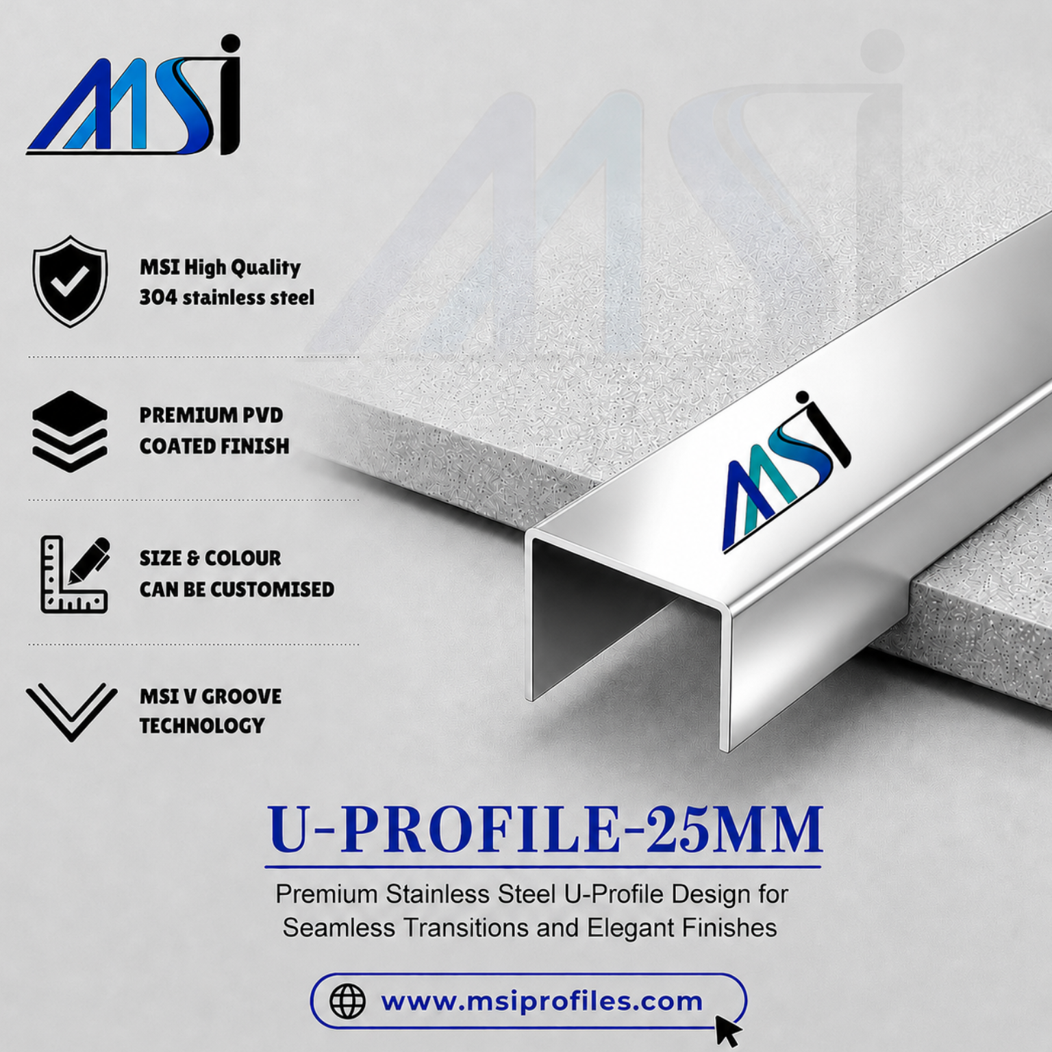 U Profile 25MM Silver Mirror - MSI Profiles