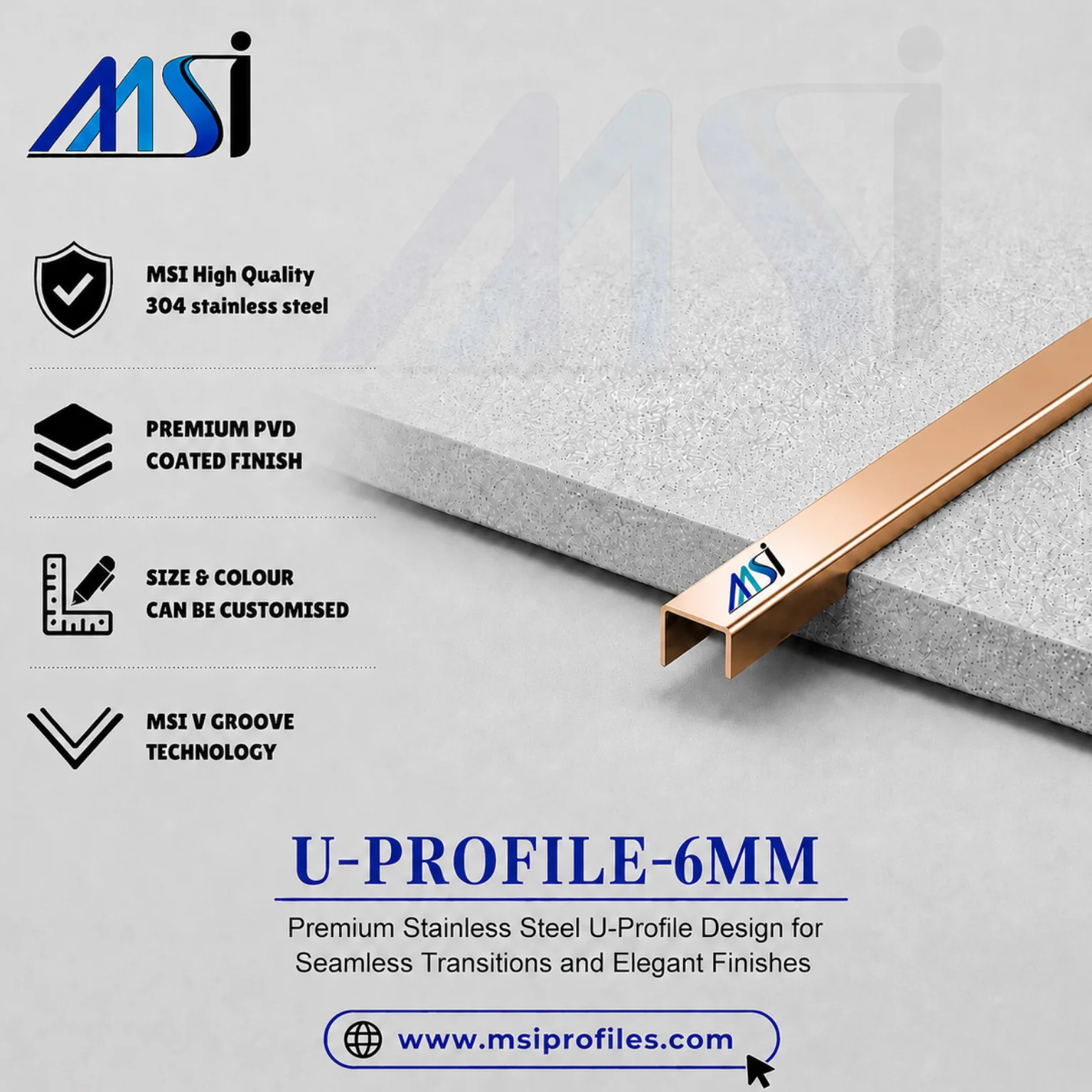 U Profile 6MM Rose Gold Mirror - MSI Profiles