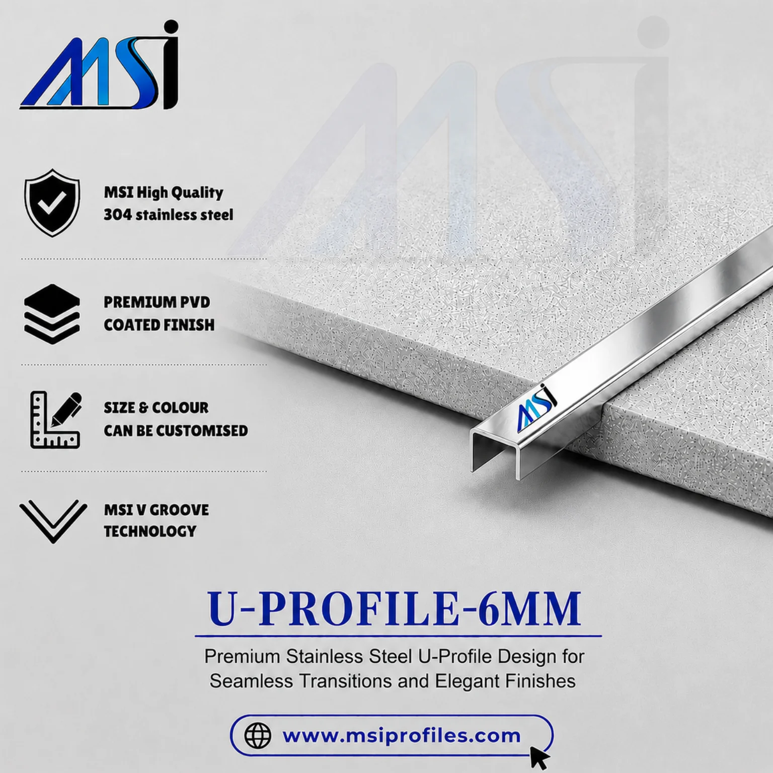 U Profile 6MM Silver Mirror - Marine Stainless India
