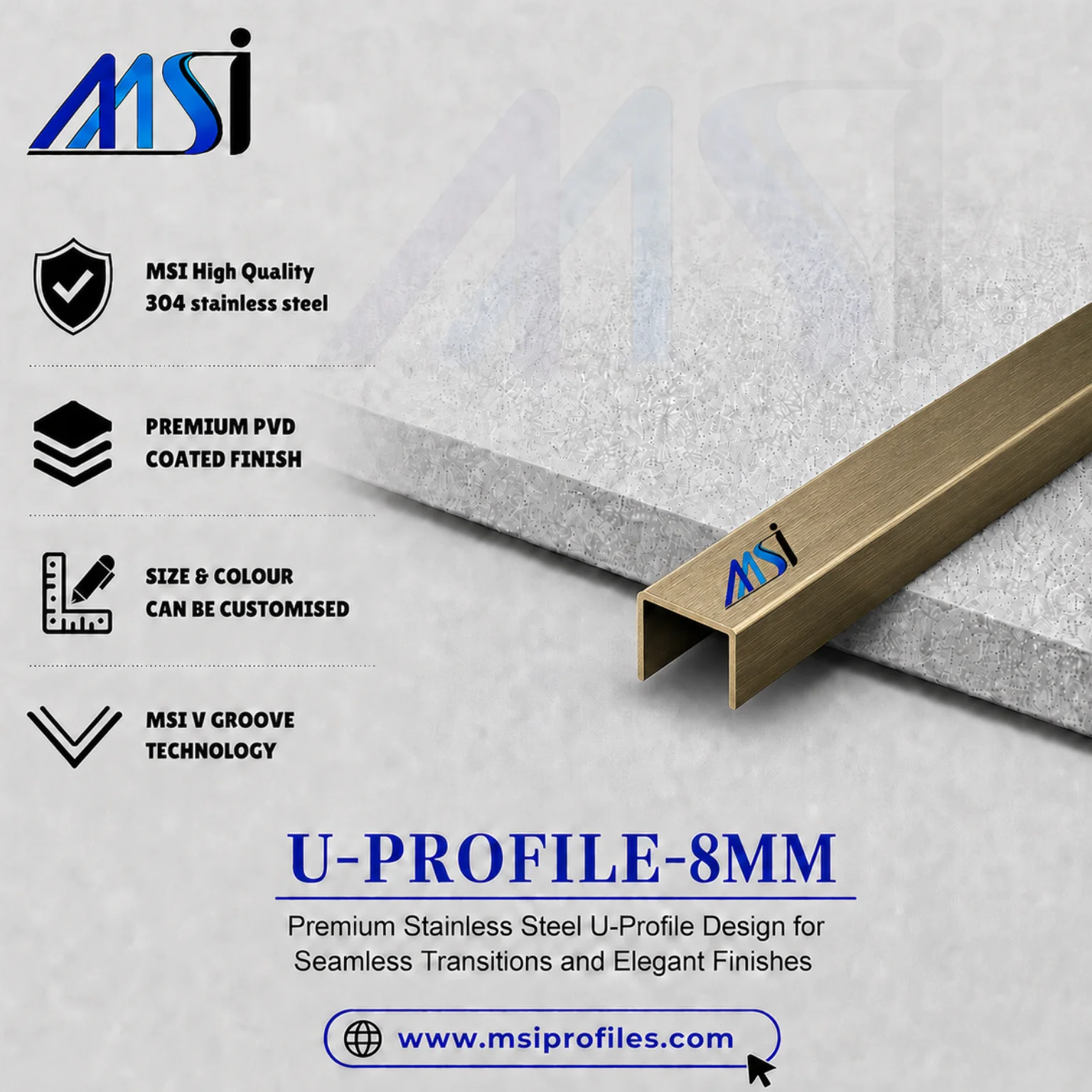 U Profile 8MM Antique Brass Finish - MSI Profiles