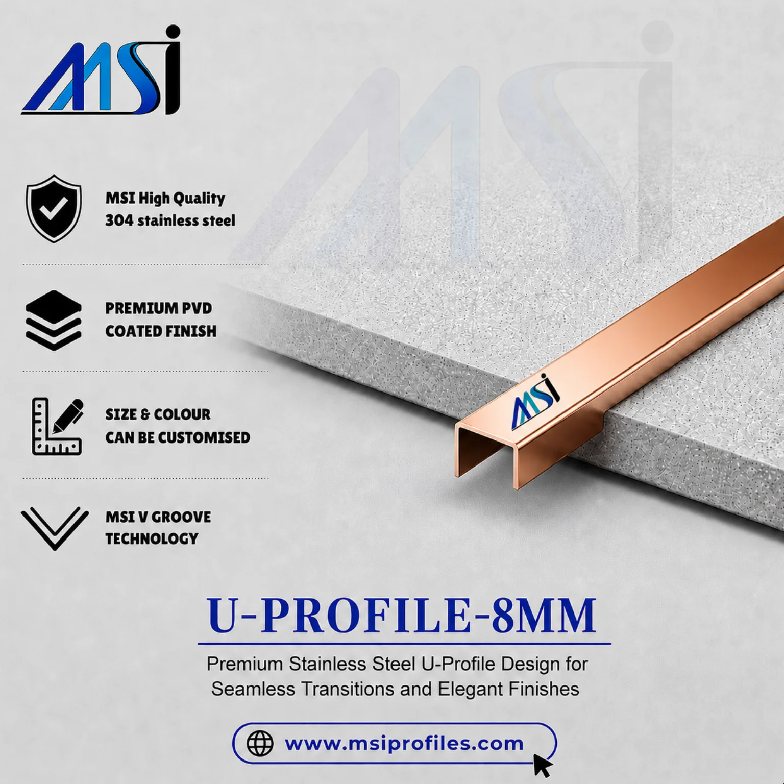 U Profile 8MM Rose Gold Mirror - MSI Profiles